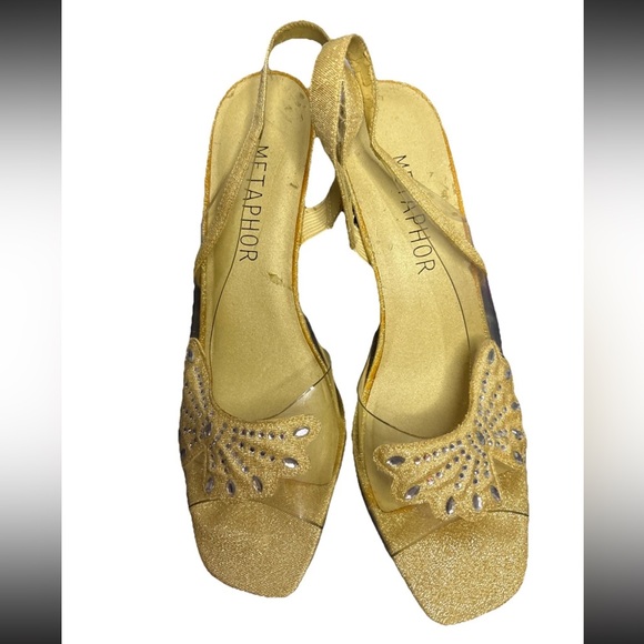 Metaphor Woman’s Clear And Gold Butterfly Heels Size 8.5 - Picture 1 of 4